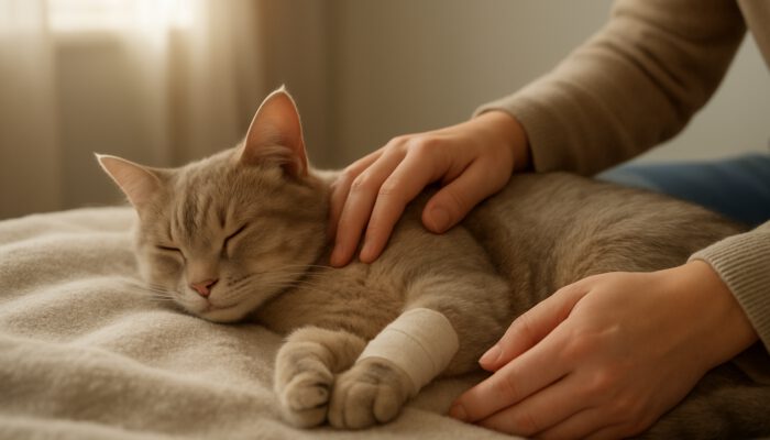 Cat resting on a blanket in a sunlit home during recovery from declawing, with owner support close by