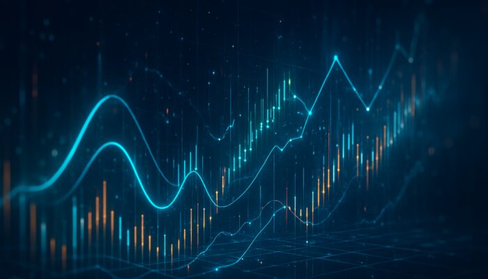 Futuristic holographic trading dashboard with glowing momentum curves and volatility spikes.