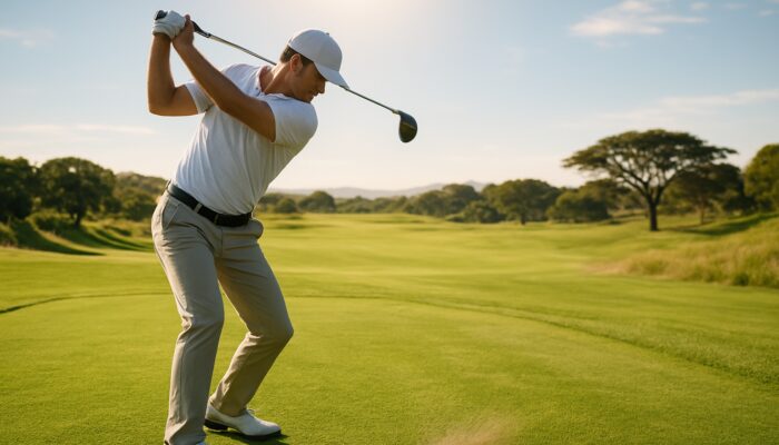 Golf swing speed improvement: Golfer with firm, relaxed grip swinging powerfully on a sunny South African fairway.