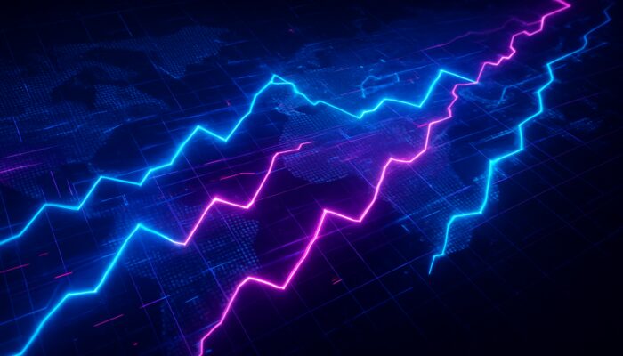 Neon lightning bolts representing HFT algorithms racing across a dark global stock exchange grid in milliseconds.
