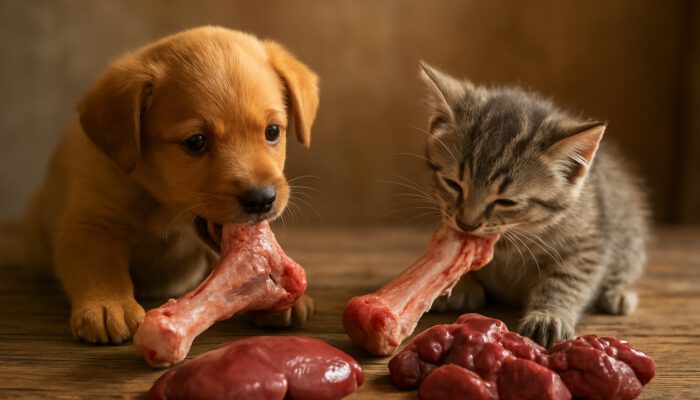 Playful puppy and kitten gnawing raw bones alongside organ meats on a wooden table.