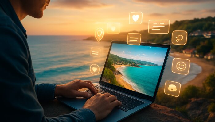 Digital marketer optimizing Torbay tourism website meta tags on laptop amid scenic beaches and icons