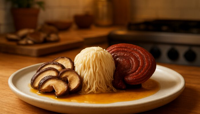 Fresh shiitake, reishi, and lion's mane mushrooms artfully arranged in a vibrant gourmet dish.