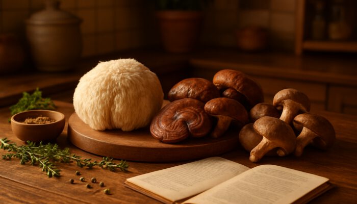 Warm kitchen featuring fresh lion's mane, reishi, and shiitake mushrooms, along with herbs, spices, and recipe cards.