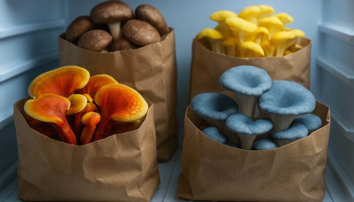 Vibrant medicinal mushrooms stored in paper bags inside a refrigerator to maintain freshness.