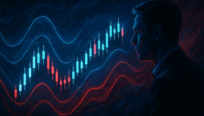 Trader analysing a dynamic candlestick chart with ATR volatility bands amidst turbulent markets