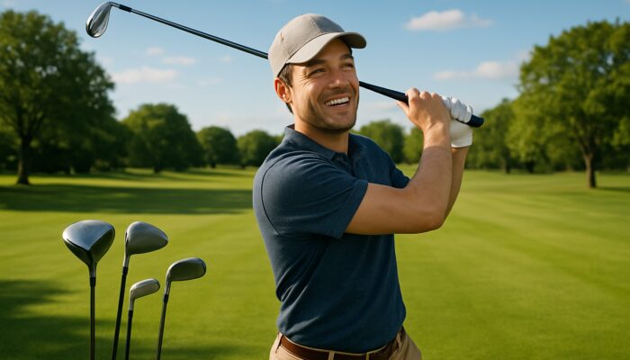 Joyful beginner golfer practices swing with affordable clubs on a sunny green fairway