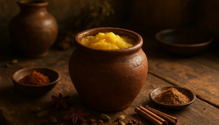 Rustic Moroccan kitchen with aged homemade smen butter in earthenware jar and scattered spices