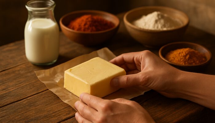 Hands checking expiration labels on butter, milk, and spices for homemade smen on rustic table.