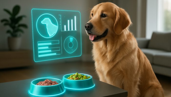 Futuristic holographic tablet displaying personalised nutrition data for a golden retriever in a modern home