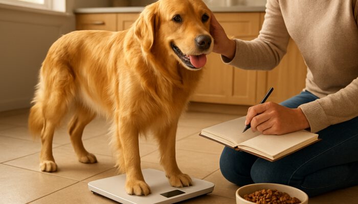 Owner weighing energetic golden retriever on scale while assessing coat condition in a sunlit kitchen
