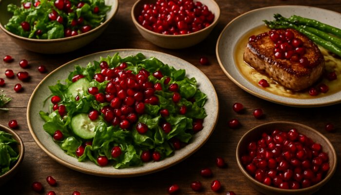 Vibrant ruby-red Wonderful and Angel Red pomegranate seeds on salads and gourmet mains