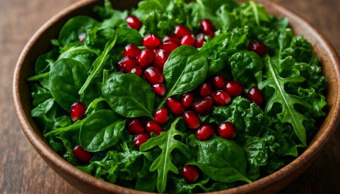 Close-up of vibrant spinach, arugula, and kale salad with juicy pomegranate seeds in rustic bowl.