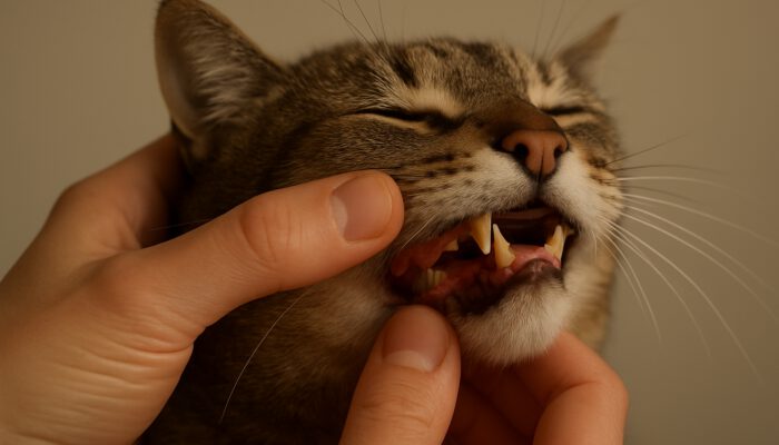 Delicate hand examining cat's open mouth showing tartar buildup and inflamed gums