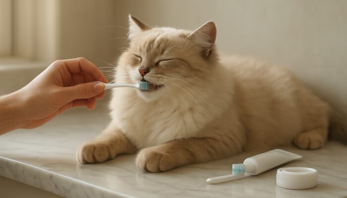 Calm fluffy cat having its teeth brushed in a marble sink with a dental kit nearby