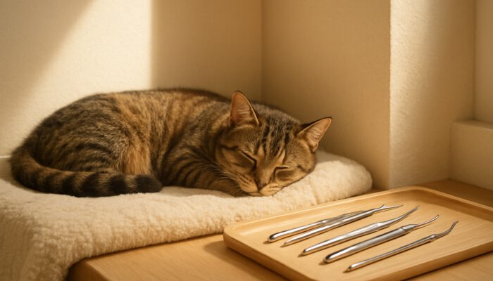 Relaxed cat on a blanket in a sunlit, clutter-free nook with dental tools nearby