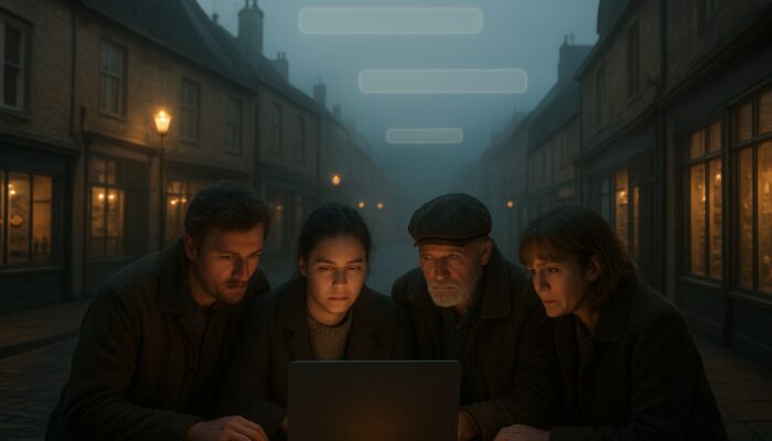 Shopkeepers huddle around laptop with floating "plumbers in Corsham" terms on misty dusk street.