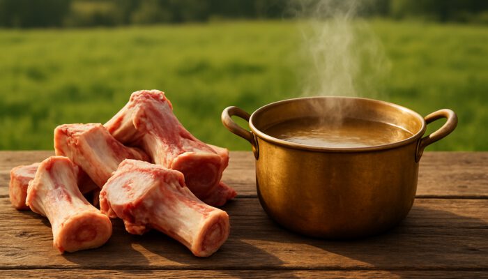 Rustic table with grass-fed cow bones and steaming pot of nutrient-rich bone broth in a pasture.