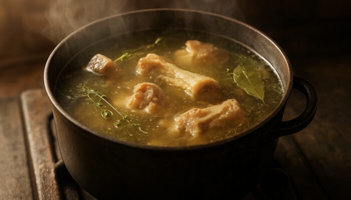 Golden bone broth simmering in a rustic pot with visible bones, herbs, and soft steam wisps.