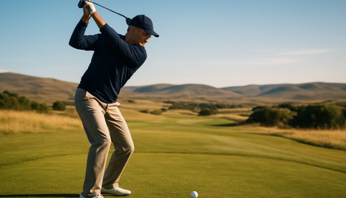Focused golfer executing a slow pitching wedge swing on a sunlit Bloemfontein fairway with rolling hills.