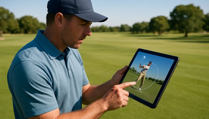Gauteng golf coach analysing slow-motion swing on tablet at sunlit inland fairway
