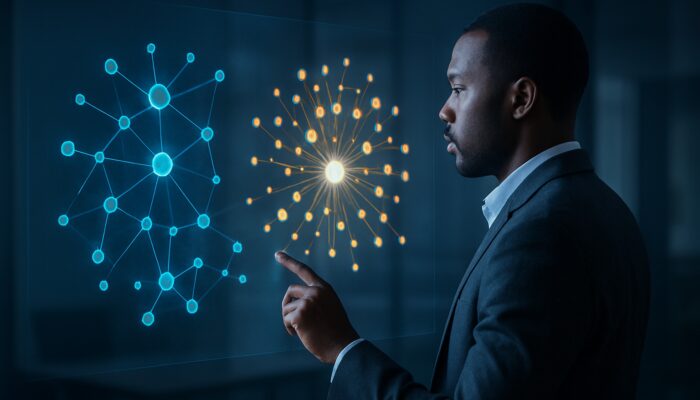 Analyst reviewing holographic LinkedIn audience maps highlighting enterprise clusters in B2B hosting visualization