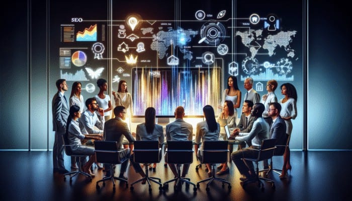 Professionals analysing SEO analytics in a modern workspace.