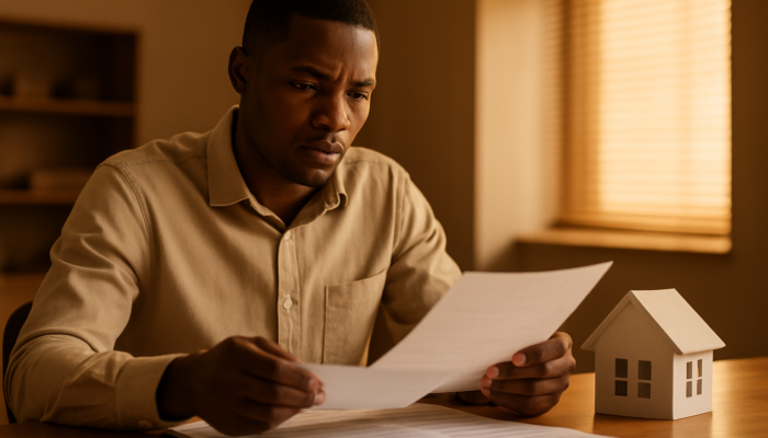 Focused South African applicant reviewing payslips and contracts for home loan in bank.