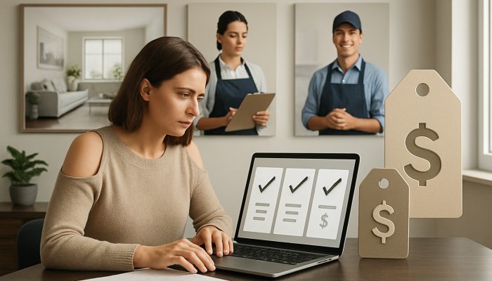 Homeowner reviews cleaning service quotes at a desk surrounded by clean homes and professional cleaners
