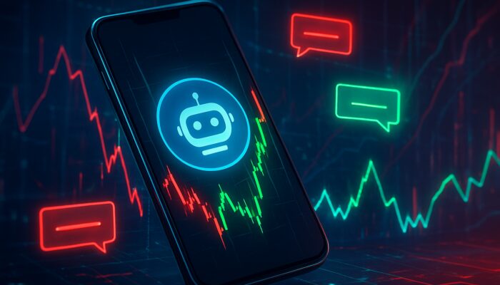 Sleek smartphone displaying Telegram bot trading alerts with flashing green-red charts in cyberpunk style.