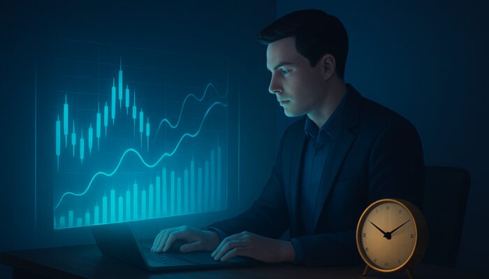 Trader viewing holographic stock charts by golden clock in quiet low-volatility room for maker fees