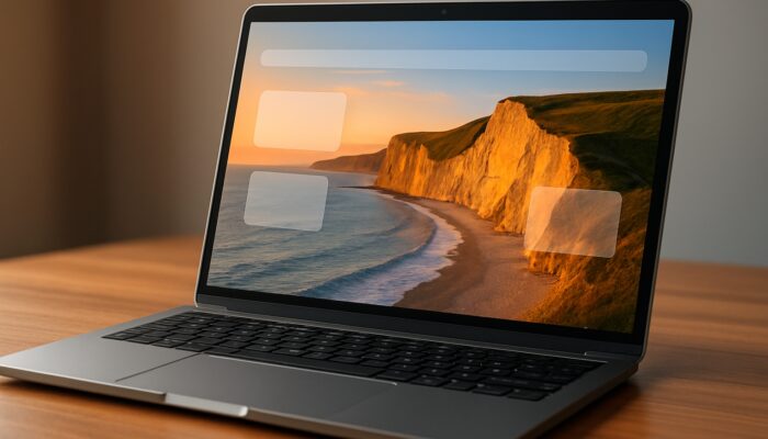 Laptop displaying a Bridport shop website with fast-loading images and alt text labels over Dorset sunset cliffs.