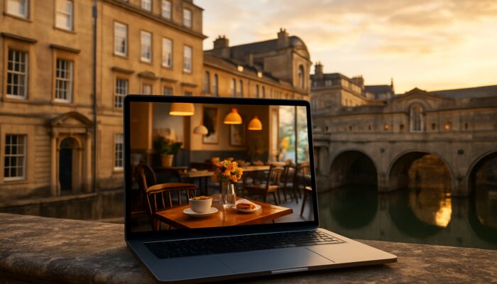 Laptop displaying a vibrant Bath cafe website with the Roman Baths and Georgian facades in the background during golden hour