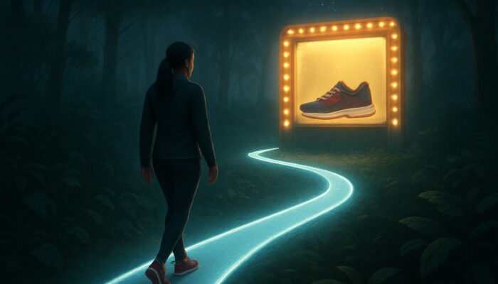 Glowing path labelled "women's running shoes for flat feet" leads searcher through misty jungle to shoe purchase.