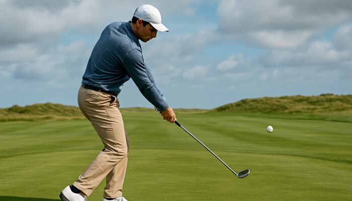 Golfer executing precise lob shot with shallow backswing on windy open green, hands leading clubhead.
