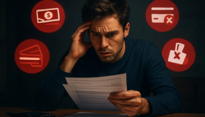 Concerned individual reviewing bank statements with red icons indicating overdrafts and maxed credit cards.