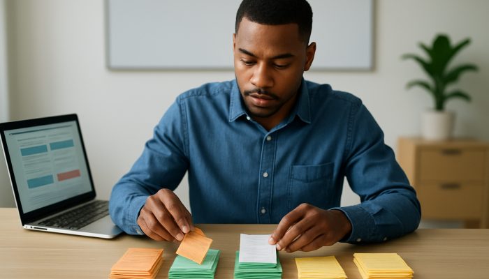 Individual sorting colourful receipts into categories like groceries, travel, and entertainment next to a laptop displaying Barclays and HSBC alerts.